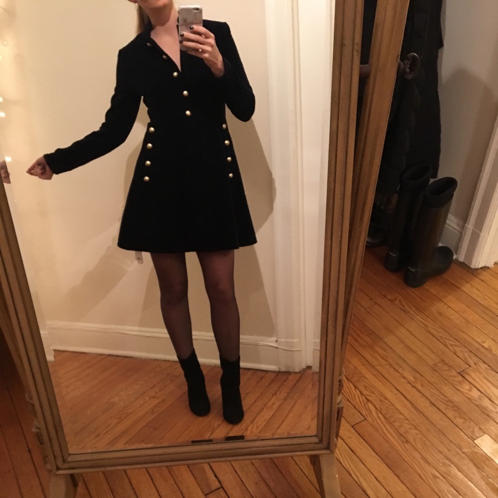 Quilted navy velvet coat with gold buttons